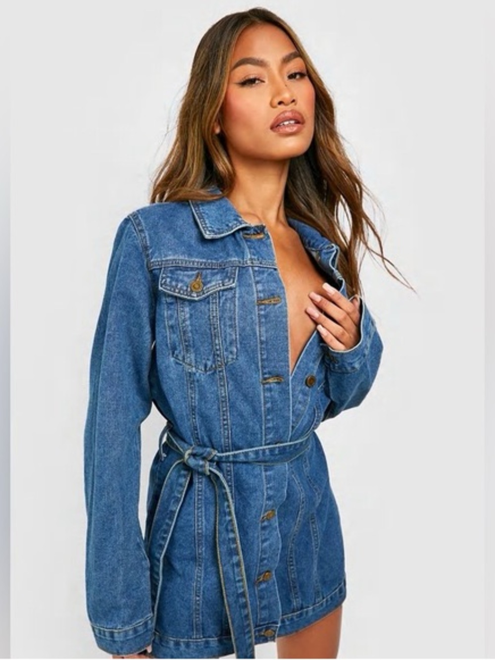 Boohoo Blue Denim Long Sleeve Button Front Shirt Dress with Belt